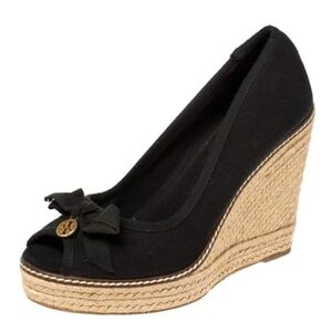 Tory Burch Jackie peep-toe espadrille wedge shoes in black canvas Sz 10B